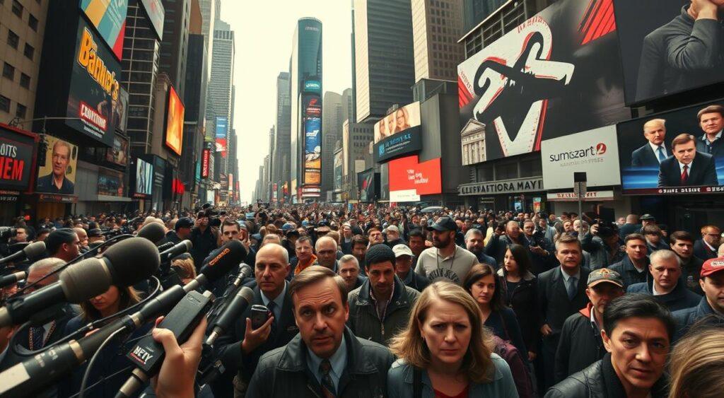 A wide-angle view of a bustling city street, the air thick with tension and distortion. In the foreground, a cacophony of media outlets - microphones, cameras, and talking heads - vying for attention, their biased narratives swirling like a miasma. The middle ground is a sea of confused and skeptical citizens, their expressions reflecting the overwhelming information and the struggle to discern truth from fiction. In the background, towering skyscrapers and billboards loom, their glossy facades masking the powerful interests manipulating the public discourse. Harsh, contrasting lighting casts deep shadows, emphasizing the sense of obfuscation and the battle for narrative control.