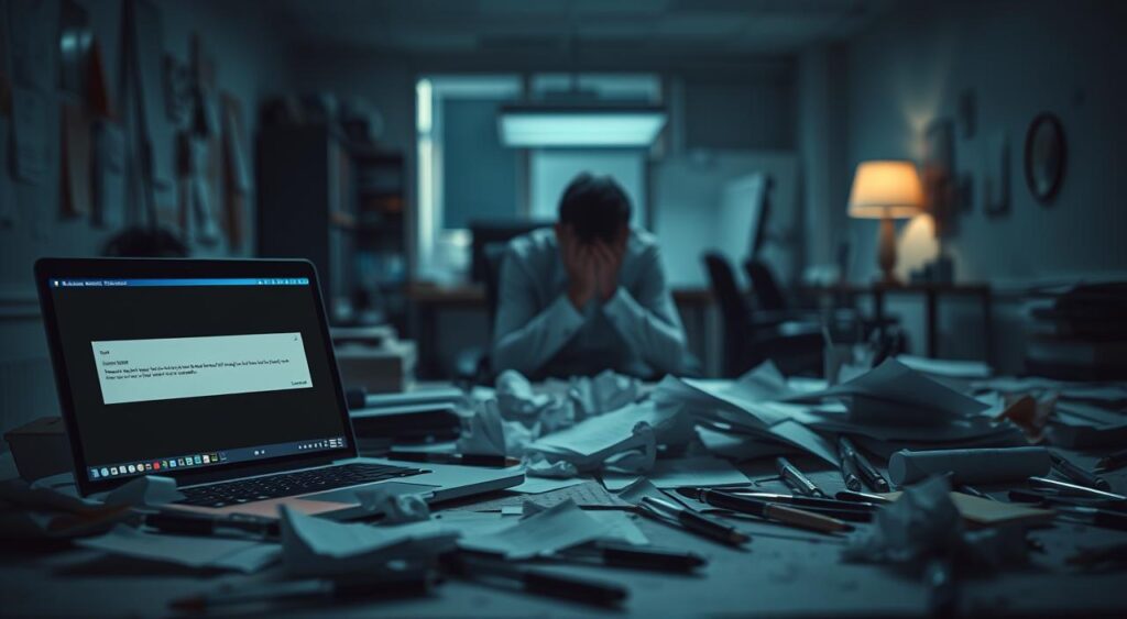 An office environment strewn with scattered papers, crumpled documents, and broken pens, illuminated by dim, moody lighting. In the foreground, a laptop screen displays an error message, while in the middle ground, a frustrated employee sits with head in hands, surrounded by the detritus of their failed efforts. The background is blurred, conveying a sense of isolation and hopelessness. The overall atmosphere is one of discouragement and despair, reflecting the "failure effects" experienced in the context of the self-handicapping mental model.