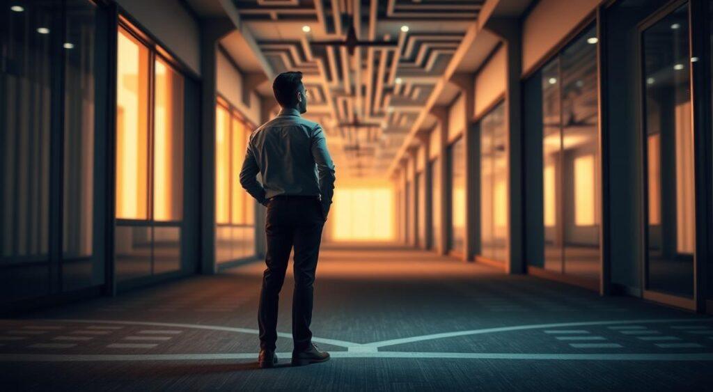 An office worker stands at a crossroads, contemplating a decision. The background depicts a maze-like corridor, symbolizing the complexities of the sunk cost trap. Soft, warm lighting from the windows casts a pensive glow, as the figure hesitates, weighing the merits of continuing down a familiar path or exploring a new, uncertain direction. The scene conveys a sense of thoughtful deliberation, encouraging the viewer to consider the pitfalls of being trapped by past investments and the potential rewards of embracing change.