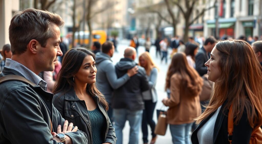 An outdoor scene with a group of people gathered in a public setting, engaged in positive bystander intervention strategies. In the foreground, two individuals are having a thoughtful discussion, their expressions conveying understanding and concern. In the middle ground, a small group is actively intervening to de-escalate a tense situation, using calm, assertive body language. The background depicts a well-lit urban environment, with passersby going about their day, creating a sense of community and collective responsibility. The lighting is natural, with soft, diffused shadows, capturing the mood of a constructive, collaborative atmosphere. The overall scene conveys the power of collective action and the importance of active, compassionate bystander intervention.