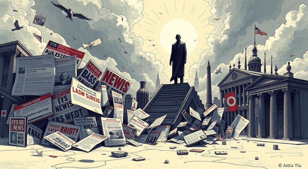 Detailed illustration depicting media bias, with a surreal, metaphorical composition. In the foreground, a chaotic display of distorted, fragmented news headlines and social media posts, representing the warped and biased nature of information dissemination. In the middle ground, a towering figure symbolizing the power and influence of media, casting a long, ominous shadow over the scene. The background features a surreal, dreamlike landscape, with distorted and warped architectural elements, conveying the disorienting and manipulative nature of media narratives. The lighting is dramatic, with harsh contrasts and deep shadows, adding to the sense of unease and distrust. The overall tone is one of skepticism and critical examination of the role of media in shaping public discourse.