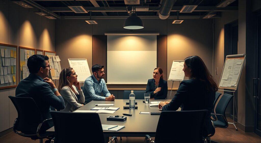 Strategies to prevent groupthink: A methodical conference room with a large table and modern chairs. Scattered around the room are visual aids like whiteboards, sticky notes, and flip charts. In the foreground, a group of professionals engages in animated discussion, their expressions reflecting thoughtful concentration. Warm, directional lighting illuminates the scene, casting subtle shadows and creating a sense of intensity. The atmosphere conveys a collaborative, analytical environment where diverse perspectives are encouraged and evaluated objectively.