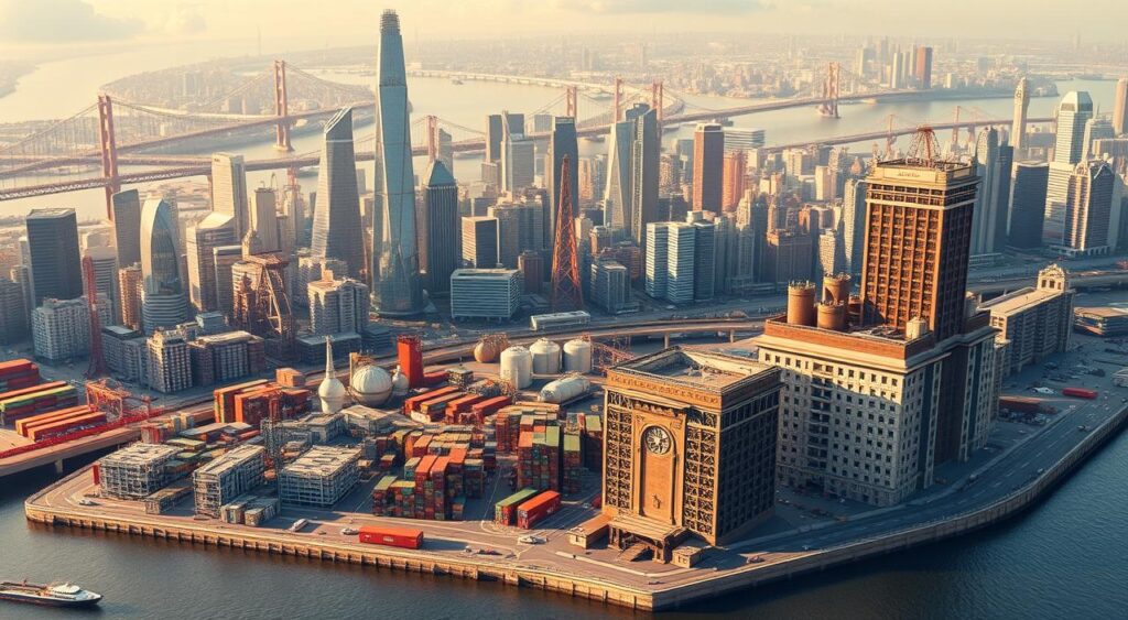 Stunning 3D illustration of a comparative vs absolute advantage market, featuring a vibrant cityscape in the background with towering skyscrapers and bridges. In the foreground, two distinct trading zones are depicted: one showcasing the concept of comparative advantage, with specialized industries and efficient trade flows; the other zone illustrates absolute advantage, highlighting the dominance of a single industry. The scene is bathed in warm, natural lighting, creating a sense of depth and realism. The overall composition conveys the economic principles at play, inviting the viewer to explore the nuances of these fundamental market dynamics.