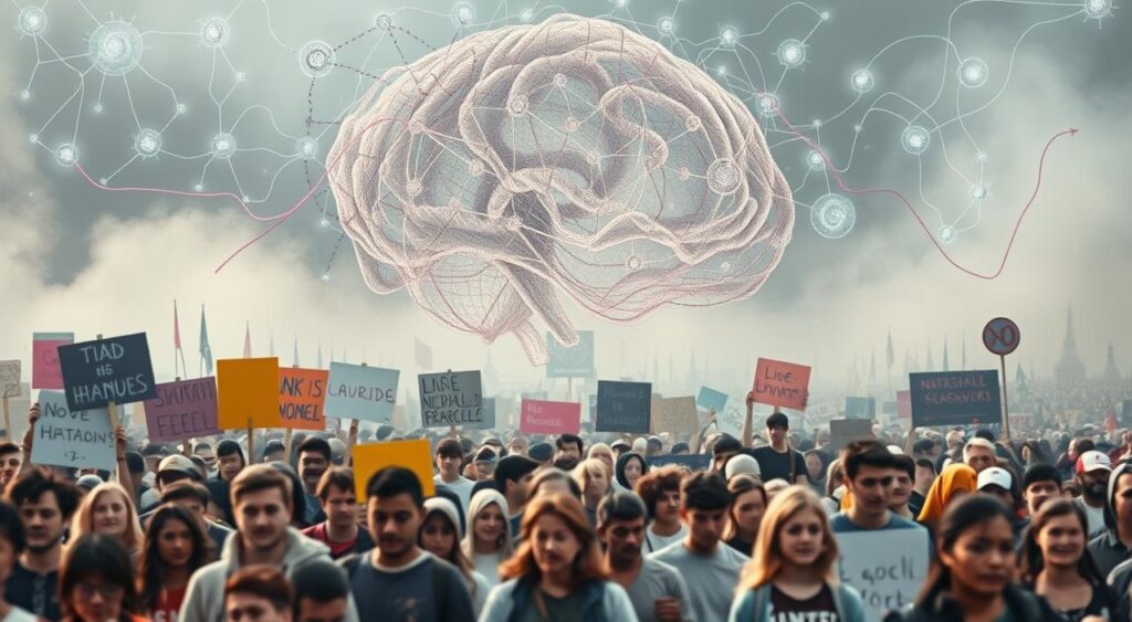 Vivid social movements unfold in a dynamic mental landscape. In the foreground, a diverse crowd marches with banners and placards, their expressions full of passion and determination. Swirling in the middle ground, abstract thought patterns and conceptual frameworks intertwine, representing the complex interplay of ideas that shape societal change. In the ethereal background, a hazy dreamscape of interconnected neurons and synaptic pathways, symbolizing the neural underpinnings of our collective consciousness. Soft, diffuse lighting imbues the scene with an introspective, contemplative mood, as the viewer is invited to consider the profound relationship between our mental models and the social fabric we weave. Vivid social movements unfold in a dynamic mental landscape. In the foreground, a diverse crowd marches with banners and placards, their expressions full of passion and determination. Swirling in the middle ground, abstract thought patterns and conceptual frameworks intertwine, representing the complex interplay of ideas that shape societal change. In the ethereal background, a hazy dreamscape of interconnected neurons and synaptic pathways, symbolizing the neural underpinnings of our collective consciousness. Soft, diffuse lighting imbues the scene with an introspective, contemplative mood, as the viewer is invited to consider the profound relationship between our mental models and the social fabric we weave.
