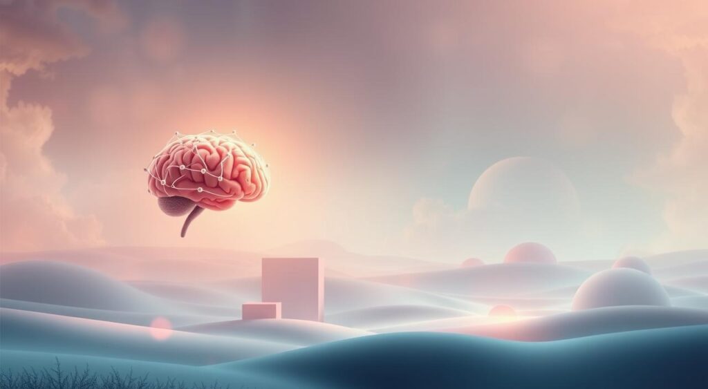 a surreal and abstract digital illustration depicting the concept of "mental models theory". in the foreground, a human brain floating in a serene, ethereal landscape. the brain is composed of interconnected nodes and pathways, representing the cognitive processes and connections that form our mental models. the midground features soft, pastel-colored geometric shapes and organic forms, symbolizing the various frameworks and schemas that shape our understanding of the world. in the background, a vast and dreamlike expanse of swirling, atmospheric colors and textures, suggesting the subconscious and the infinite realm of human cognition. the overall scene conveys a sense of introspection, exploration, and the fluid, ever-evolving nature of our mental constructs. soft lighting from an unseen source casts a warm, contemplative glow over the composition. brain making sense- Okrent Law Mental Model