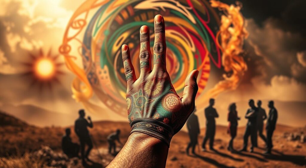 cultural narratives hot hand, a dynamic and captivating illustration. In the foreground, a hand crafted from intricate cultural patterns and symbols, radiating an aura of energy and power. The middle ground features a swirling vortex of vibrant colors and shapes, representing the complex interplay of cultural beliefs and perceptions. In the background, a hazy, dreamlike landscape, with silhouettes of figures engaged in animated discussions, symbolizing the widespread societal impact of the "hot hand" phenomenon. Dramatic lighting casts dramatic shadows, heightening the sense of depth and mystique. Captured through a wide-angle lens, the composition invites the viewer to immerse themselves in the cultural narratives surrounding the "hot hand" concept.