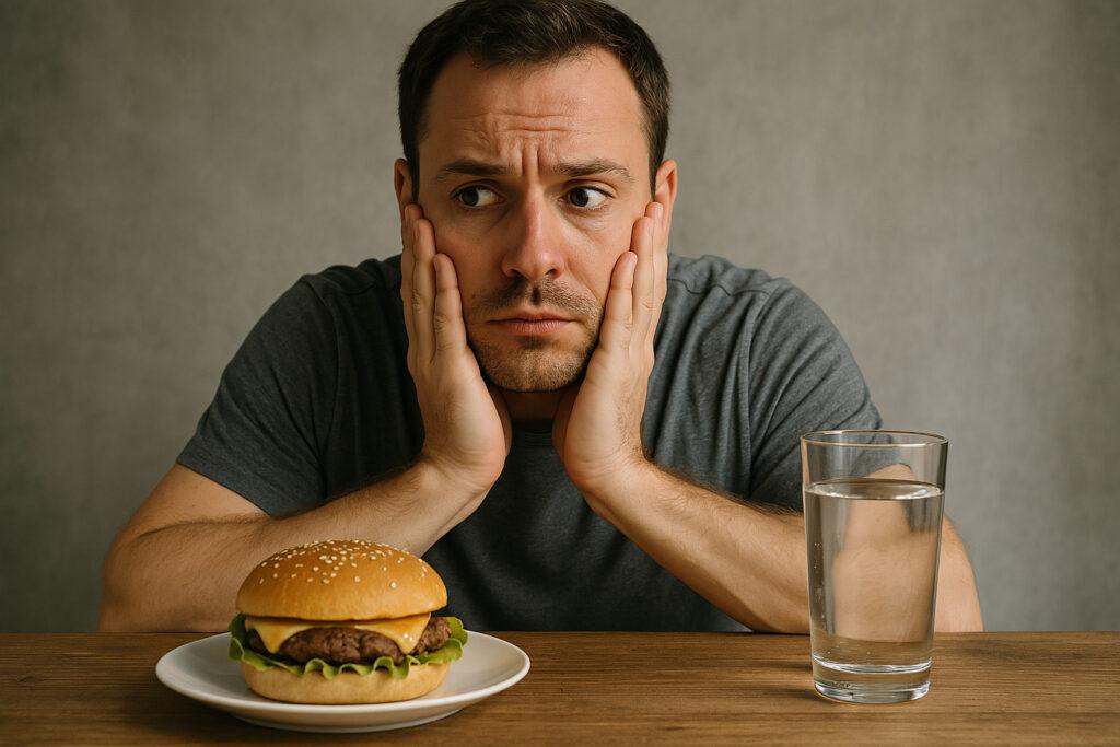 man torn between equal urges for food and water