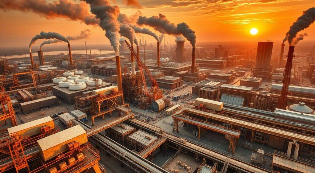 production dynamics, a sprawling industrial landscape with towering factories, towering smokestacks belching billows of smoke, massive cranes and conveyor belts moving raw materials and finished goods, workers bustling amidst the whirring machinery, a dynamic symphony of productivity captured in a wide-angle perspective, lit by warm golden hues of the sun setting over the horizon, creating a sense of timeless industrialism, the scene conveying the relentless flow of economic activity and the principles of supply and demand that drive the production cycle