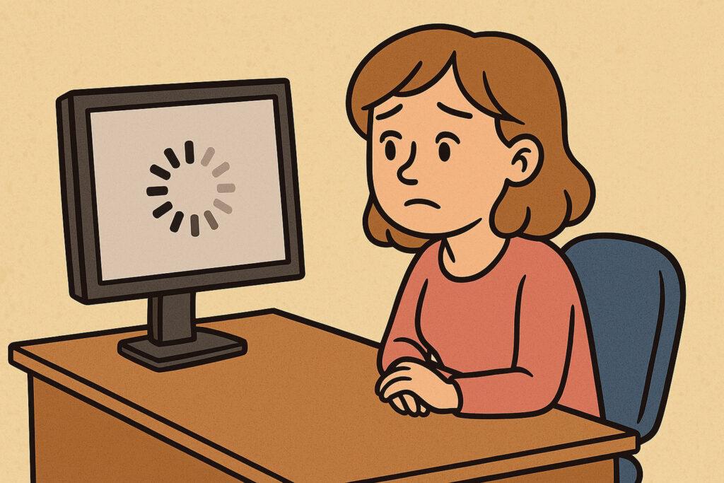sitting in front of a computer monitor watching a spinning loading icon