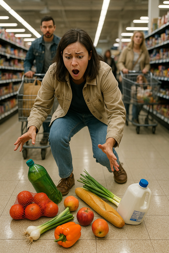 someone drops their groceries in a busy store