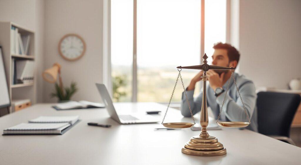 A balanced decision-making approach, captured in a tranquil office setting. In the foreground, a person sitting at a desk, meticulously weighing options on a set of scales, symbolizing the careful consideration of different factors. The middle ground features a minimalist, well-organized workspace, with a laptop, notepads, and a thoughtful expression on the person's face. The background showcases a calming, natural landscape visible through a large window, suggesting a sense of equilibrium and clarity. Soft, diffused lighting illuminates the scene, creating a contemplative atmosphere. The overall composition conveys a measured, rational decision-making process, free from the influence of external biases or pressures.
