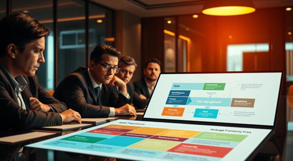 A boardroom table with a group of business executives engaged in a serious discussion about risk mitigation strategies. The lighting is warm and focused, creating a pensive atmosphere. In the foreground, a colorful risk management framework diagram is displayed on a large screen, with key concepts like "risk identification," "risk analysis," and "risk response planning" illustrated. The executives are leaning forward, their brows furrowed as they analyze the data and consider potential risks and mitigation tactics. The background is blurred, but suggests a modern, well-appointed office space. The overall scene conveys a sense of thoughtful deliberation and strategic decision-making around managing uncertainties and potential threats to the business.