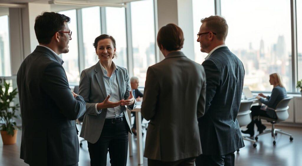 A bright, airy office setting with a team of professionals engaged in collaborative discussion. In the foreground, two colleagues stand side-by-side, leaning in and gesturing as they exchange ideas. In the middle ground, a small group sits around a conference table, papers and laptops spread out, deep in conversation. The background features large windows overlooking a bustling city skyline, natural light streaming in. An atmosphere of open, productive communication pervades the scene, with a sense of trust, mutual respect and problem-solving. Captured through a wide-angle lens with a crisp, realistic style.