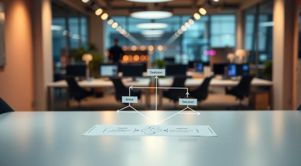 A business decision framework displayed on a sleek, minimalist desk. In the foreground, a clean, geometric layout of interlocking shapes and arrows, representing the various stages and interconnections of the decision-making process. The middle ground features a sophisticated lighting setup, casting warm, directional illumination that highlights the framework's clean lines and crisp edges. In the background, a blurred, out-of-focus scene of a modern office environment, with subtle hints of technological devices and vibrant color accents, creating a sense of context and professional setting. The overall mood is one of strategic clarity, analytical precision, and a refined, forward-thinking approach to business decision-making.
