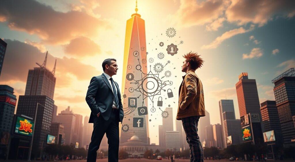 A bustling business landscape, with a towering skyscraper in the background, illuminated by a warm, golden glow. In the foreground, two figures stand in opposition - one represents a corporate giant, adorned in a crisp suit and tie, exuding confidence and control. The other, a young, creative entrepreneur, embodies originality and nonconformity, decked in a vibrant, eccentric outfit. The figures face each other, their body language conveying a sense of competition and tension, as they vie for dominance in the marketplace. The mid-ground is filled with a swirl of ideas, represented by abstract shapes and patterns, symbolizing the clash between traditional and innovative approaches. The overall atmosphere evokes a sense of dynamism, change, and the eternal struggle between conformity and originality in the business world.