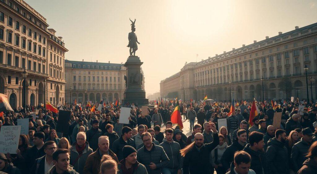 A bustling city square, the heart of a historic collective action movement. In the foreground, a crowd of determined protesters marching with placards and banners, their faces resolute. The middle ground reveals a towering statue, its bronze figure representing the ideals of unity and resistance. Warm, diffused sunlight filters through the scene, casting long shadows across the cobblestoned ground. In the background, a row of stately buildings stands as silent witnesses to the unfolding events, their architectural details etched in crisp detail. The overall atmosphere conveys a sense of momentum, passion, and the power of the people to shape their own destiny. free rider problem mental model: power of the people to shape their own destiny.