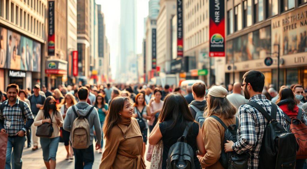A bustling city street, where people of diverse backgrounds navigate through the flow of daily life. In the foreground, a group of individuals stand together, engaging in lively conversation and gestures, embodying the essence of social cooperation. The middle ground reveals a mosaic of pedestrians, each contributing to the collective rhythm of the urban landscape. Warm, diffused lighting casts a inviting glow, highlighting the camaraderie and mutual understanding that permeates the scene. The background sets the stage, with towering buildings and infrastructure hinting at the interconnected nature of modern society. This image captures the delicate balance between individual agency and collective responsibility, where social norms facilitate harmonious coexistence. A bustling city street, where people of diverse backgrounds navigate through the flow of daily life. In the foreground, a group of individuals stand together, engaging in lively conversation and gestures, embodying the essence of social cooperation. The middle ground reveals a mosaic of pedestrians, each contributing to the collective rhythm of the urban landscape. Warm, diffused lighting casts a inviting glow, highlighting the camaraderie and mutual understanding that permeates the scene. The background sets the stage, with towering buildings and infrastructure hinting at the interconnected nature of modern society. This image captures the delicate balance between individual agency and collective responsibility, where social norms facilitate harmonious coexistence.