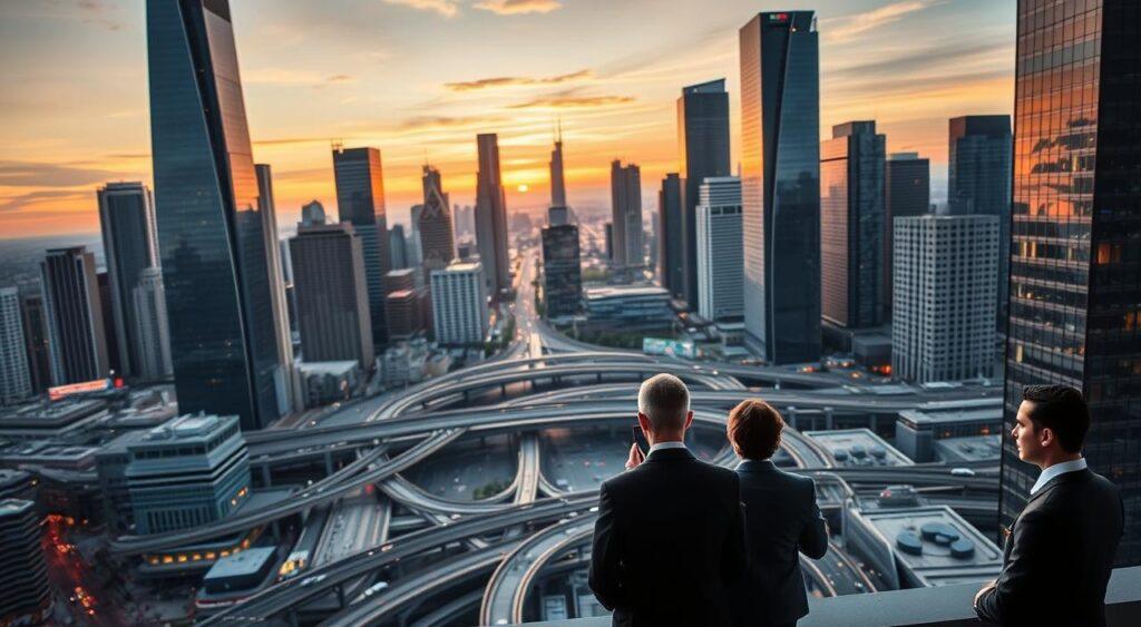 A bustling cityscape at dusk, towering skyscrapers casting long shadows across the streets below. In the foreground, a group of business executives deep in discussion, their bodies angled towards each other, conveying a sense of critical mass and strategic alignment. The middle ground features a network of interconnected pathways and transportation hubs, symbolizing the complex web of systems and infrastructure that enable business growth. The background is bathed in a warm, golden light, creating an atmosphere of ambition, opportunity, and the potential for transformative change. Captured through a wide-angle lens, the scene evokes a sense of scale, dynamism, and the relentless forward momentum of successful business strategy.