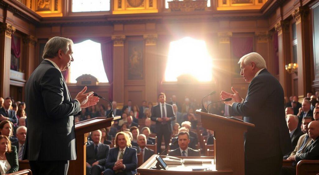 A bustling debate chamber, illuminated by warm, natural light filtering through tall windows. In the foreground, two policymakers stand at a podium, engaged in a lively discussion, their gestures animated as they present their contrasting fiscal strategies. In the middle ground, rows of seats occupied by attentive observers, their faces a study of concentration and contemplation. The background is a richly detailed tapestry of ornate architectural elements, suggesting the grand, historic setting of this important debate. The overall atmosphere is one of intellectual rigor, with a sense of the high stakes involved in shaping the nation's economic future.