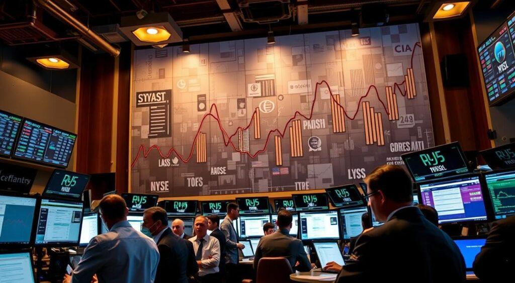A bustling financial trading floor, with brokers and analysts intently focused on computer screens. The atmosphere is tense and electric, with the hum of activity and the occasional shout of a market order. The lighting is a mix of warm overhead lamps and the cool glow of digital displays, casting dramatic shadows and highlights across the faces of the traders. In the background, a large, abstract mural depicts the ebb and flow of stock prices, prices, and market trends, representing the rational expectations that guide the traders' decisions. The overall scene conveys the dynamic interplay between market behavior and the cognitive models that shape it. A bustling financial trading floor, with brokers and analysts intently focused on computer screens. The atmosphere is tense and electric, with the hum of activity and the occasional shout of a market order. The lighting is a mix of warm overhead lamps and the cool glow of digital displays, casting dramatic shadows and highlights across the faces of the traders. In the background, a large, abstract mural depicts the ebb and flow of stock prices, prices, and market trends, representing the rational expectations that guide the traders' decisions. The overall scene conveys the dynamic interplay between market behavior and the cognitive models that shape it.
