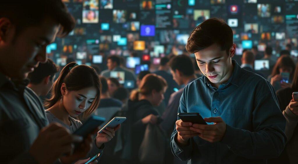 A bustling social media landscape, with users scrolling through a sea of information. In the foreground, a group of individuals are immersed in their devices, their expressions indicating varying degrees of focus, engagement, and distraction. The middle ground reveals an array of content, ranging from news articles to viral memes, each vying for attention. The background is a kaleidoscope of digital noise, with data streams and algorithms governing the flow of information. Soft, diffused lighting casts a contemplative glow, hinting at the complex interplay between human cognition and the digital realm. The scene evokes a sense of the "false-consensus effect," where individuals perceive their own beliefs and behaviors as more prevalent than they truly are, shaped by the curated content presented to them.