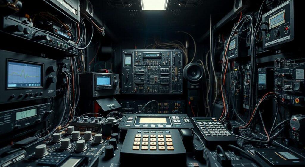 A complex and intricate voice response mechanism, captured in stunning detail. The foreground showcases various electronic components, knobs, and displays, hinting at the sophisticated inner workings. The middle ground features a sleek, modernist interface with intuitive controls, conveying the user-friendly experience. In the background, a dimly lit technical space with cables, circuits, and a sense of industrial elegance. Dramatic chiaroscuro lighting casts shadows and highlights the mechanical precision, creating an atmosphere of controlled complexity. Captured with a high-resolution, wide-angle lens to emphasize the depth and scale of the system.