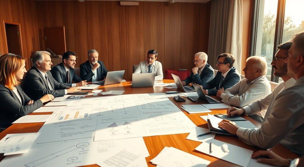 A conference room filled with executives, papers and laptops strewn across a polished wooden table. Warm sunlight streams through large windows, casting a golden glow over the scene. In the foreground, a whiteboard displays a detailed business case study, diagrams and bullet points capturing strategic insights. Surrounding the table, the leaders listen intently, deep in discussion. Their expressions reflect a mix of contemplation and determination as they consider real-world examples that hold the keys to unlocking new growth opportunities. The atmosphere is one of focused collaboration, where innovative ideas take shape to drive the company forward.