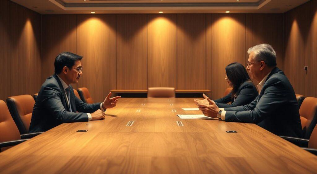 A conference room with a long oak table, where two businesspeople sit across from each other, engaged in an intense negotiation. Warm, soft lighting illuminates their faces, conveying a sense of thoughtful dialogue. The room is adorned with minimalist decor, allowing the focus to remain on the negotiators. Their posture and hand gestures suggest a back-and-forth exchange, as they explore options and seek common ground. The atmosphere is one of cautious optimism, with an underlying tension that hints at the high stakes involved. The scene captures the delicate balance of reciprocity, where both parties navigate the complexities of reaching a mutually beneficial agreement.