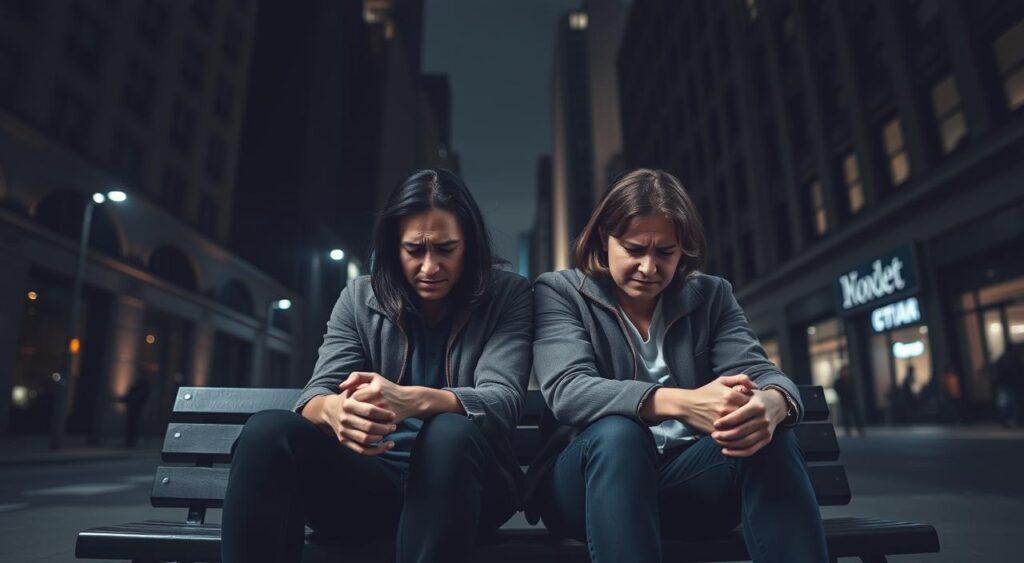 A couple sits on a bench, their faces twisted with stress and worry. The background is a dimly lit city street, with towering buildings casting long shadows. The couple's body language suggests tension and disconnect, their hands clenched tightly and their postures rigid. The lighting is gloomy and atmospheric, creating a sense of emotional heaviness. The scene is captured through a medium-wide lens, allowing the viewer to feel the weight of the couple's relationship issues. The overall mood is one of isolation, pressure, and the strain that mental health challenges can have on interpersonal connections.