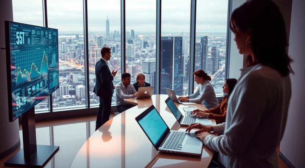 A data-driven decision-making process, depicted in a sleek, modern office setting. In the foreground, a decision-maker stands at a large touchscreen display, meticulously analyzing a visual representation of complex data sets. The middle ground features a team of analysts collaborating around a curved conference table, their faces illuminated by the glow of laptop screens. In the background, floor-to-ceiling windows offer a panoramic view of a bustling city skyline, suggesting the broader context and impact of these strategic choices. The lighting is soft and indirect, creating a contemplative atmosphere as the decision-makers harness the power of data to inform their next move.