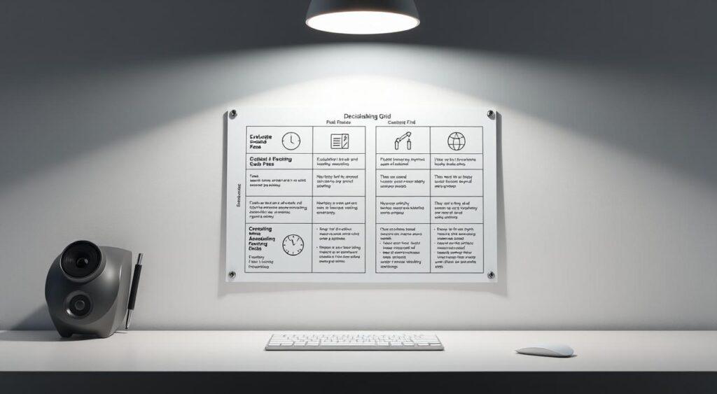 A detailed decision-making grid displayed on a clean, minimalist desk surface. The grid features a 3x3 matrix of icons and labels, illustrating different strategies for evaluating options and mitigating biases. Crisp, high-contrast lighting from an overhead source casts subtle shadows, creating depth and dimension. The background is a muted, neutral tone that allows the grid to take center stage. The overall atmosphere is focused, analytical, and designed to convey a sense of structured, evidence-based decision-making. A detailed decision-making grid displayed on a clean, minimalist desk surface. The grid features a 3x3 matrix of icons and labels, illustrating different strategies for evaluating options and mitigating biases. Crisp, high-contrast lighting from an overhead source casts subtle shadows, creating depth and dimension. The background is a muted, neutral tone that allows the grid to take center stage. The overall atmosphere is focused, analytical, and designed to convey a sense of structured, evidence-based decision-making.