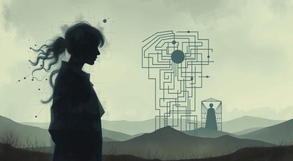 A detailed, introspective illustration of self-doubt patterns. A surreal, dreamlike composition with abstract shapes and forms symbolizing the internal struggle. In the foreground, a central figure shrouded in a hazy, fragmented silhouette, conveying a sense of uncertainty and vulnerability. The mid-ground features a maze-like structure of interconnected lines and shapes, representing the complex web of negative thoughts and self-limiting beliefs. The background is a muted, atmospheric landscape, evoking a pensive, contemplative mood. Soft, diffused lighting casts an ethereal glow, heightening the introspective nature of the scene. A sense of depth and movement creates a captivating, thought-provoking visual narrative about the Imposter Syndrome mental model.