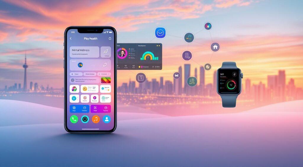A digitally-rendered landscape featuring a collection of sleek, modern mental health tools. In the foreground, a stylized smartphone, tablet, and smartwatch display various mental wellness apps and interfaces. In the middle ground, a network of colorful data visualizations and interactive dashboards hover above a serene, minimalist setting. The background is a softly-lit cityscape, with skyscrapers and tech hubs silhouetted against a vibrant, techno-inspired skyline. The overall mood is one of technological sophistication, user-friendliness, and a sense of digital empowerment in the realm of mental health and self-care.