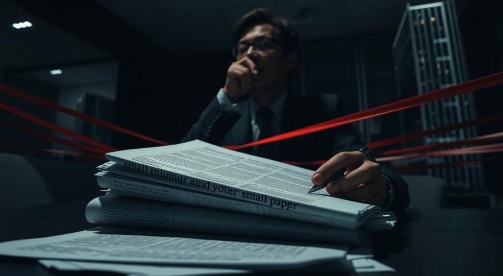 A dimly lit corporate office, the air thick with unease. In the foreground, a stack of documents with small print, hidden fees and fine print lurking within. A businessperson, face obscured, signs the papers, unaware of the financial pitfalls ahead. The middle ground reveals a maze of red tape, bureaucratic obstacles casting long shadows. In the background, a towering skyscraper, its windows reflecting the uncertainty of the deal. Dramatic chiaroscuro lighting emphasizes the tension, creating an atmosphere of deception and hidden costs.