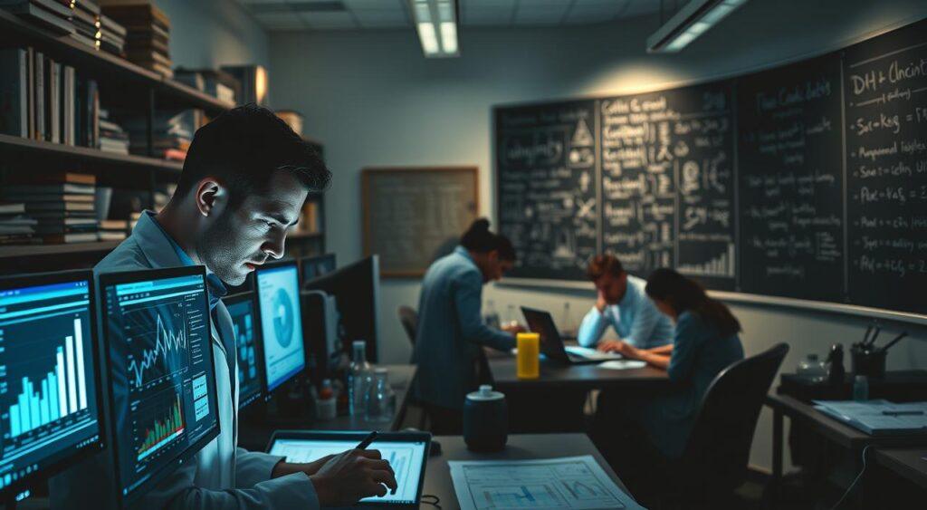 A dimly lit laboratory, filled with the glow of computer screens and the hum of machinery. In the foreground, a scientist intently studies a complex data visualization, their eyes narrowed in concentration. Surrounding them, shelves of reference books, beakers, and scientific instruments, creating an atmosphere of intellectual rigor. The middle ground reveals a team collaborating, heads bent over laptops, analyzing graphs and charts. In the background, a large chalkboard covered in equations and formulas, a testament to the depth of the research being conducted. Soft, directional lighting casts shadows, lending an air of seriousness and purpose to the scene. This image captures the essence of scientific data analysis, a critical process in uncovering insights and advancing knowledge. A dimly lit laboratory, filled with the glow of computer screens and the hum of machinery. In the foreground, a scientist intently studies a complex data visualization, their eyes narrowed in concentration. Surrounding them, shelves of reference books, beakers, and scientific instruments, creating an atmosphere of intellectual rigor. The middle ground reveals a team collaborating, heads bent over laptops, analyzing graphs and charts. In the background, a large chalkboard covered in equations and formulas, a testament to the depth of the research being conducted. Soft, directional lighting casts shadows, lending an air of seriousness and purpose to the scene. This image captures the essence of scientific data analysis, a critical process in uncovering insights and advancing knowledge.