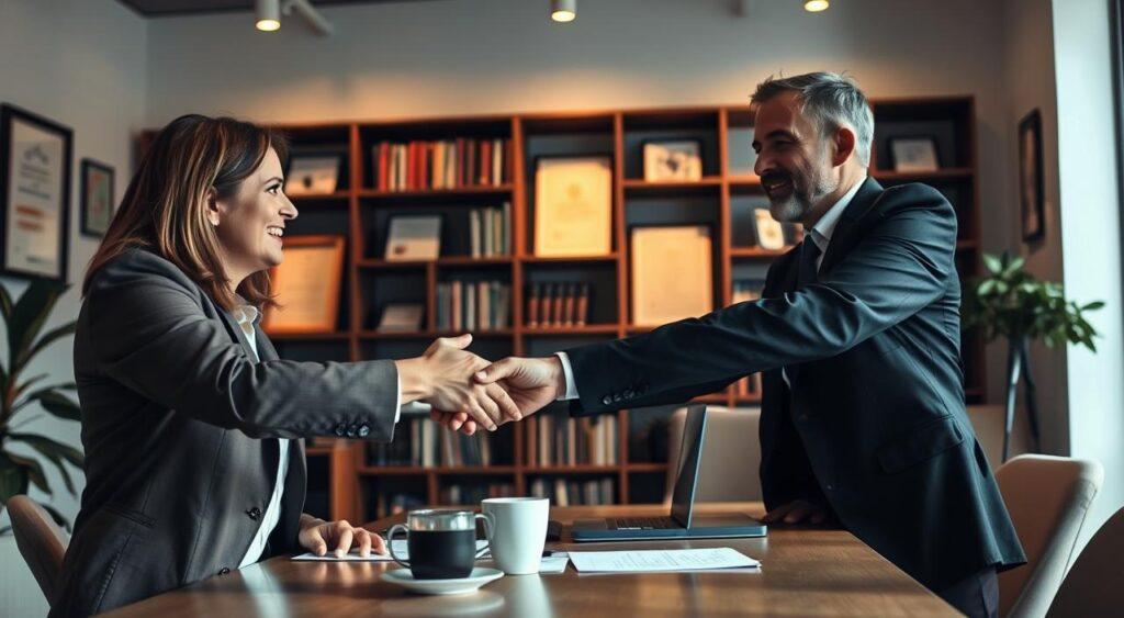 A dimly lit office interior, with a sense of professionalism and trust. In the foreground, a handshake between two business people, their faces warm and engaged. The middle ground features a table with a cup of coffee, a laptop, and some documents, suggesting an ongoing discussion. In the background, bookshelves and framed certificates imply a well-established, reputable firm. The lighting is soft and natural, creating a cozy, inviting atmosphere. The overall scene conveys the idea of building customer trust through transparent, personalized interactions.