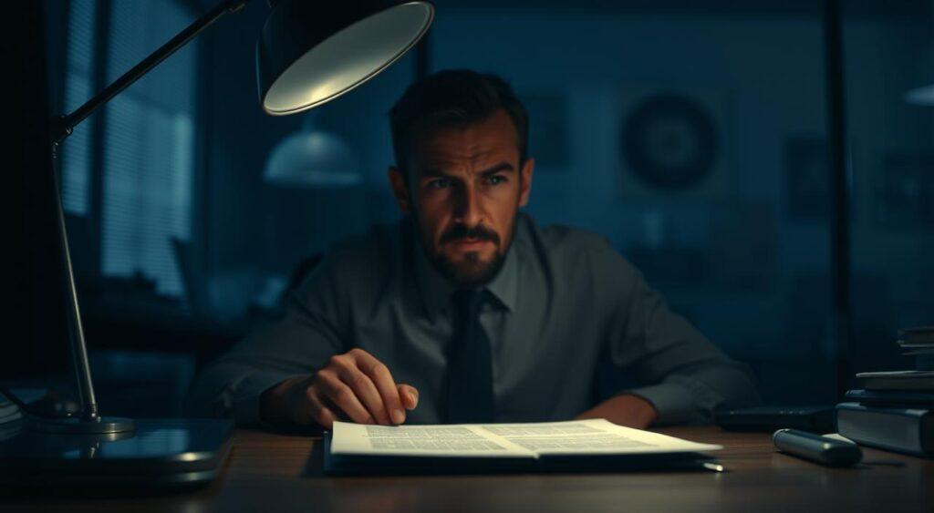 A dimly lit office scene, the focus narrowed to a decision-maker's desk. On the surface, a single document demands attention, casting a harsh glare under an intense desk lamp. The surrounding environment fades into a blurred, hazy periphery, creating a strong sense of tunnel vision. The lighting is dramatic, creating harsh shadows and highlighting the tense, concentrated expression on the decision-maker's face, conveying the weight of the choice at hand. The mood is one of heightened focus, with all other options and considerations obscured by the singular task before them.