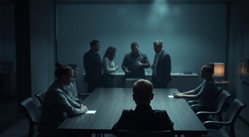 A dimly lit office setting, with a group of colleagues gathered around a conference table. In the foreground, a person sits alone, their body language indicating discomfort and exclusion. The middle ground shows the rest of the team engaged in discussion, their expressions and gestures suggesting a clique-like dynamic. The background is hazy, with a sense of tension and unease pervading the scene. The lighting is harsh, casting long shadows and creating a somber, unwelcoming atmosphere. The camera angle is slightly elevated, emphasizing the isolation of the excluded individual and the power dynamics at play.
