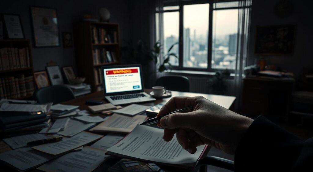 A dimly lit office space, the air thick with tension. On the desk, a jumble of papers, scattered documents, and a laptop flickering with warning signs - plummeting sales figures, missed deadlines, frantic emails. In the foreground, a hand grips a pen, poised to scribble notes, as if trying to make sense of the impending crisis. The walls are lined with shelves, books, and framed certificates, a testament to past successes now clouded by uncertainty. Through the window, the cityscape outside is hazy, reflecting the growing unease within. The scene conveys a sense of unease, a realization that something is amiss, and the need to act quickly before it's too late.