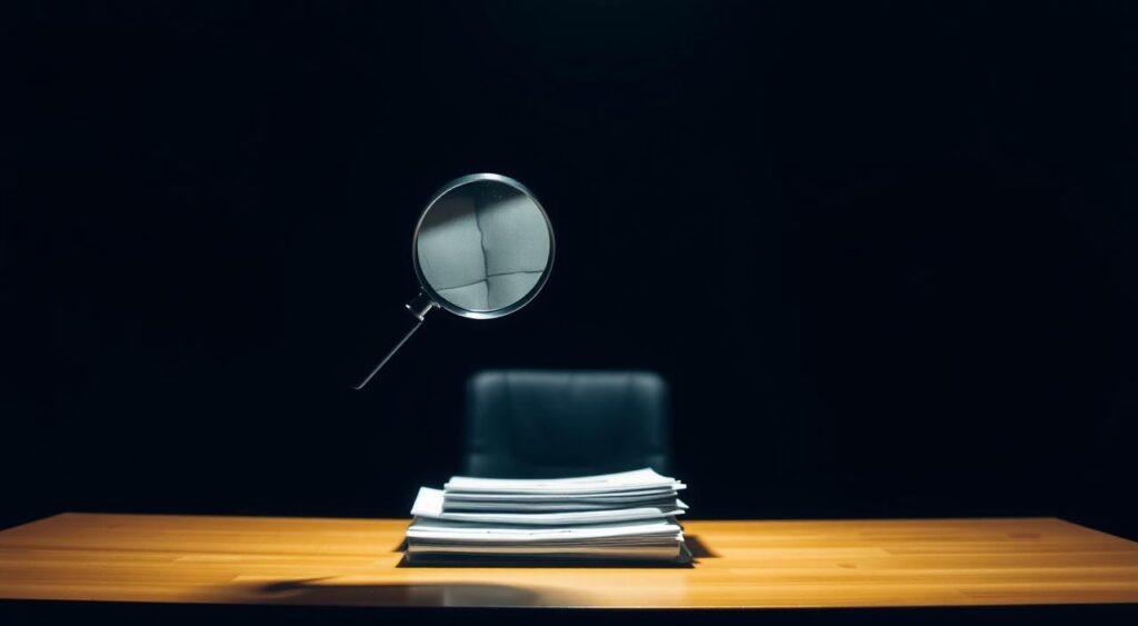 A dimly lit office space, with a desk and chair in the foreground. On the desk, a stack of files and a laptop, hinting at the hidden complexities of business operations. In the middle ground, a magnifying glass hovers over the files, symbolizing the careful inspection of potential issues. The background is shrouded in shadows, suggesting the presence of unseen risks and consequences. The scene is illuminated by a single, focused beam of light, creating a sense of mystery and intrigue. A sense of tension and unease pervades the atmosphere, reflecting the challenges of detecting hidden business consequences.