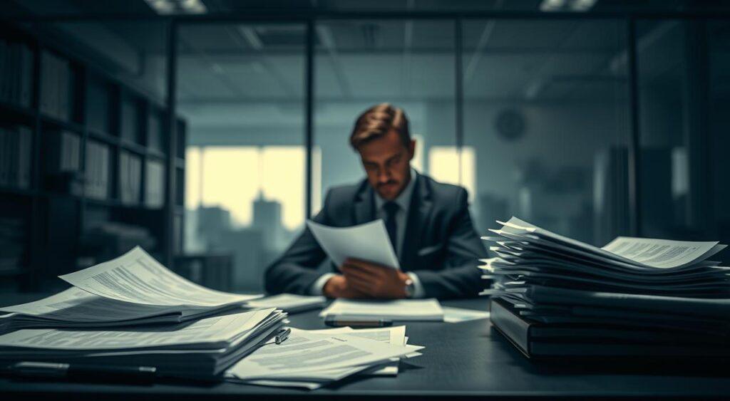 A dimly lit office space, with a desk in the foreground showcasing various financial documents, invoices, and hidden fees tucked away in the corners. In the middle ground, a businessperson sits contemplating a stack of papers, their expression pensive and concerned. The background blurs into a hazy, bureaucratic landscape, hinting at the complex web of hidden costs and financial obligations lurking beneath the surface of a seemingly straightforward partnership search. Dramatic, low-key lighting casts shadows, creating a sense of unease and the weight of unseen financial burdens.