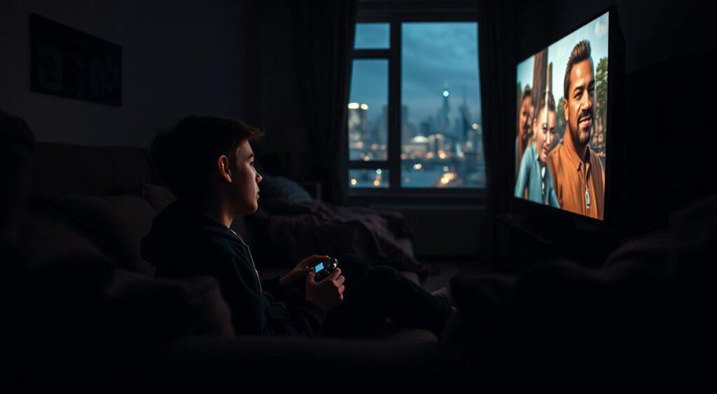 A dimly lit, realistic scene depicting the stark contrast between the immersive, vibrant world of video games and the mundane, everyday reality. In the foreground, a young person sitting on a couch, controller in hand, their face illuminated by the glow of a screen displaying a fantastical, hyperrealistic gaming environment. In the middle ground, the room fades into shadows, hinting at the drab furnishings and ordinary surroundings. The background reveals a window overlooking a cityscape, the distant lights and skyscrapers a subtle reminder of the real world beyond the confines of the game. The atmosphere is somber, emphasizing the tension between the escapism of gaming and the harsh realities of daily life.
