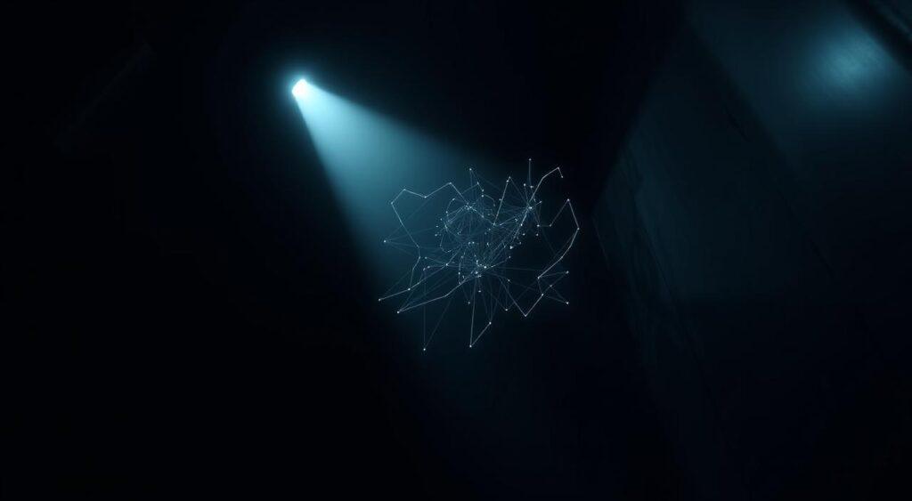 A dimly lit room, its corners obscured by shadows, represents the unseen risks and blind spots that lurk in the unknown. A single beam of light cuts through the gloom, illuminating a complex web of connections and dependencies, hinting at the intricate relationships that lie hidden from view. The camera angle is low, creating a sense of unease and vulnerability, as if the viewer is immersed in the scene, forced to confront the unseen dangers that surround them. The color palette is muted, with a heavy use of greys and blues, evoking a sense of uncertainty and foreboding. The overall atmosphere is one of unease and trepidation, challenging the viewer to look beyond the obvious and consider the hidden complexities that shape our world.