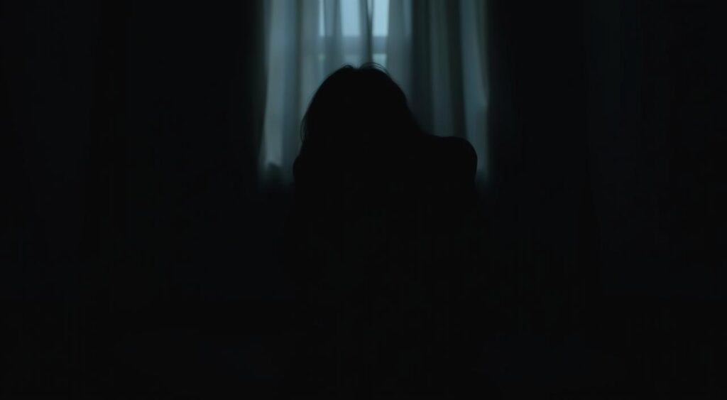 A dimly lit room, the air thick with a sense of melancholy. In the center, a figure sits hunched, their face obscured by shadows, representing the cognitive bias and limited perception of control experienced by those suffering from depression. The background is blurred, hinting at the distorted, fragmented reality that depression can create. Muted colors and soft, diffused lighting evoke a somber, introspective mood, reflecting the internal struggle of the individual. The composition emphasizes the sense of isolation and the overwhelming nature of the condition, while the absence of external distractions allows the viewer to focus on the core emotional experience.