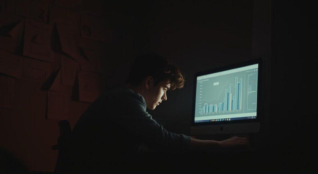A dimly lit room, the walls adorned with papers and charts. A person sits hunched over a desk, their eyes fixed on a computer screen, oblivious to the world around them. The soft glow of the monitor casts a warm, yet haunting, light on their face, highlighting the intensity of their focus. Shadows linger in the corners, hinting at the subconscious biases that cloud their judgment. The air is thick with a sense of isolation, as the individual becomes increasingly entrenched in their own beliefs, unable to see the broader perspective. A metaphor for the confirmation bias that shapes decision-making, this scene captures the allure and peril of the appeal to consequences mental model.
