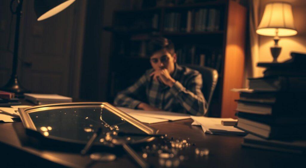 A dimly lit room, with a pensive figure seated at a desk, surrounded by books and papers. Soft, warm lighting casts a glow, highlighting the thoughtful expression on their face. In the foreground, a shattered mirror lies on the desk, symbolizing the realization of overestimated abilities. The middle ground features a bookshelf, its contents representing the quest for knowledge and self-improvement. The background is slightly blurred, creating a sense of introspection and focus. The overall atmosphere is one of contemplation and determination to overcome one's limitations.