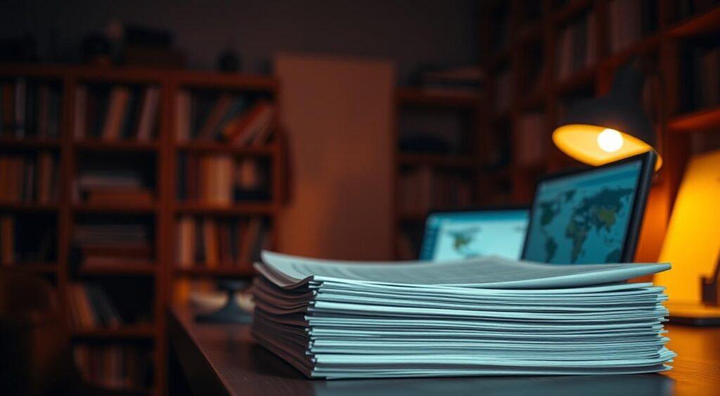 A dimly lit study, filled with the glow of a computer screen. On the desk, a stack of research papers on the Dunning-Kruger effect, the cognitive bias where incompetent individuals believe they are more skilled than they are. The scene is bathed in a warm, amber light, creating a contemplative, scholarly atmosphere. The background is blurred, emphasizing the focus on the research materials. The camera angle is slightly elevated, giving a sense of introspection and analysis. The overall mood is one of deep thought and understanding the complexities of the human mind.