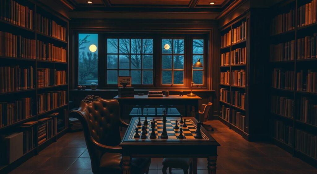 A dimly lit study with a wooden desk and a leather chair in the foreground. On the desk, a chess board with pieces arranged in a complex, strategic formation, symbolizing second-order thinking. Shelves of old books line the walls in the middle ground, casting warm, amber-hued lighting across the scene. In the background, a large window overlooking a tranquil, moonlit garden, suggesting the contemplative nature of the setting. The overall mood is one of intellectual depth and thoughtful contemplation.