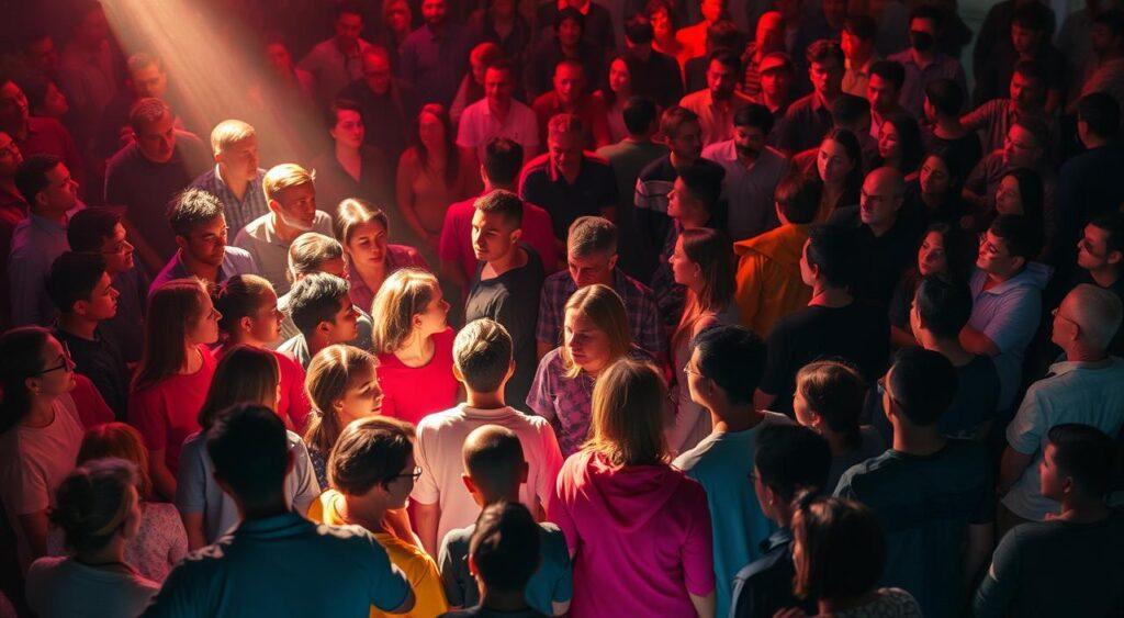 A diverse group of people, standing in distinct clusters, each with their own unique identities and sense of belonging. Vibrant colors and a dynamic, cinematic composition capture the interplay of social categorization and group dynamics. Dramatic lighting from various angles accentuates the contrasts between the individuals, creating a sense of tension and separation, yet also moments of connection and shared experience. The scene conveys a thoughtful, introspective mood, inviting the viewer to explore the complexities of in-group favoritism and the psychological underpinnings of group identity.