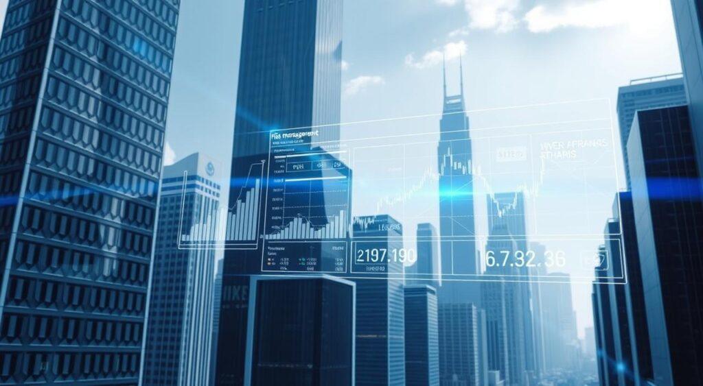 A futuristic cityscape set against a backdrop of towering skyscrapers, their facades adorned with sleek, geometric patterns. In the foreground, a transparent digital dashboard hovers, displaying dynamic graphs, risk analysis algorithms, and real-time market data. Beams of holographic light criss-cross the scene, guiding the viewer's eye towards key financial indicators and risk management strategies. The lighting is cool and blue-toned, evoking a sense of precision and technological sophistication. The overall atmosphere is one of control, foresight, and the seamless integration of human decision-making with advanced computational power.